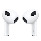 White wireless earbuds with black accents on a white background