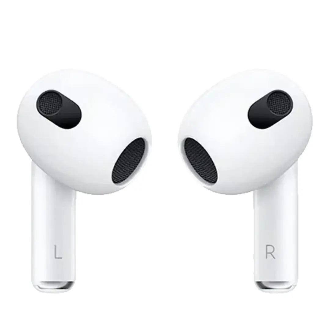 White wireless earbuds with black accents on a white background