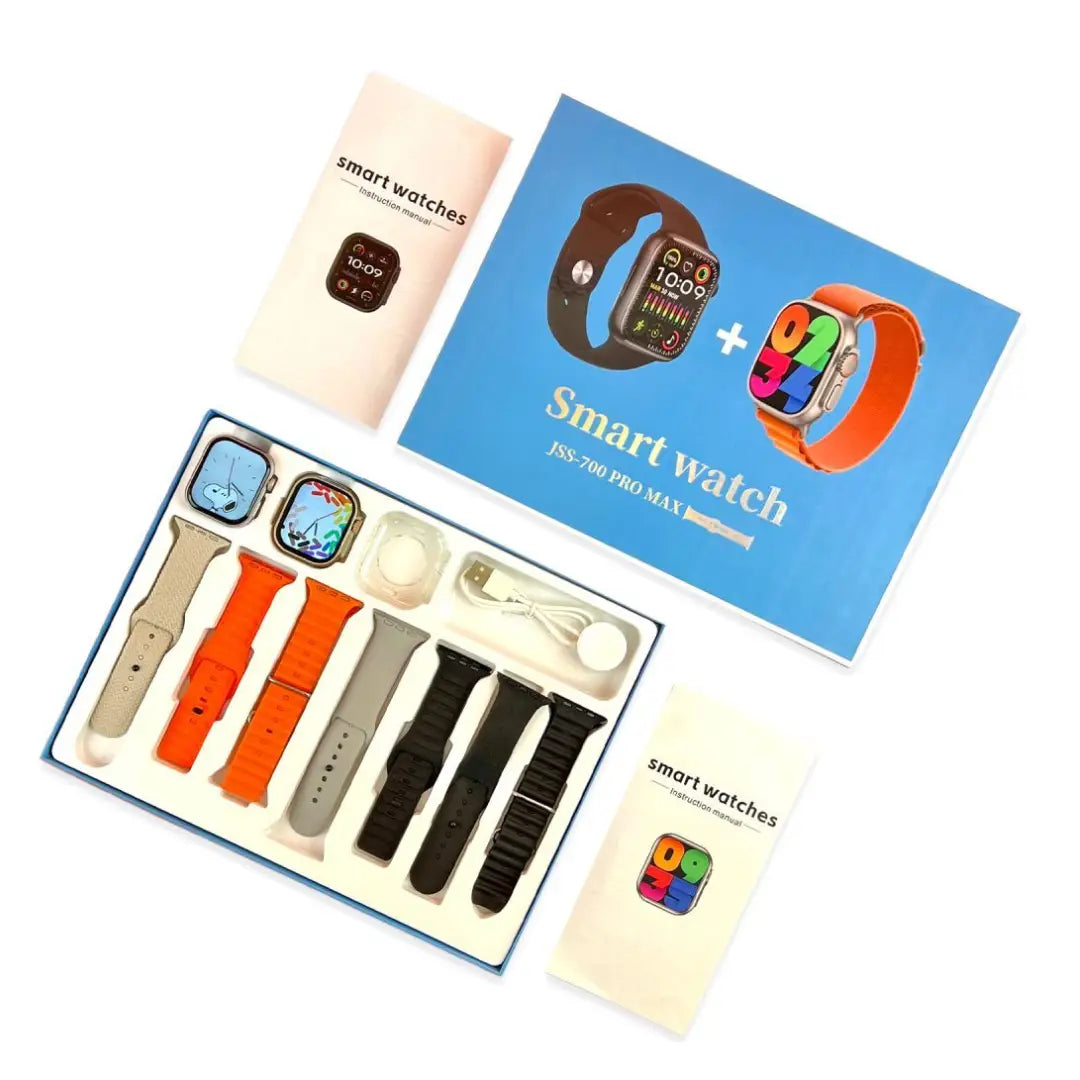 Smart watch with multiple band options and accessories on a white background