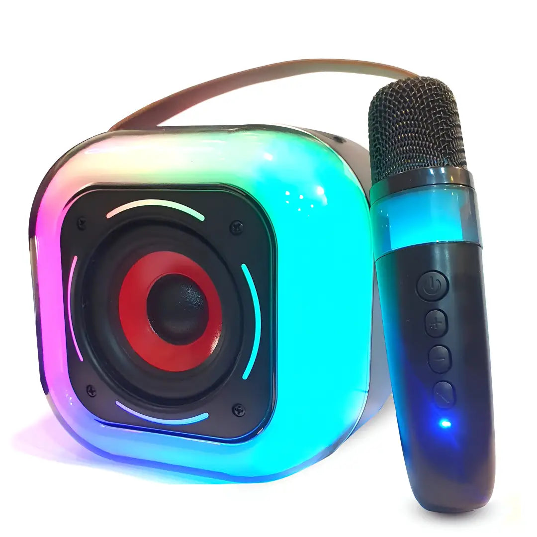 Colorful karaoke machine with a microphone on a white background