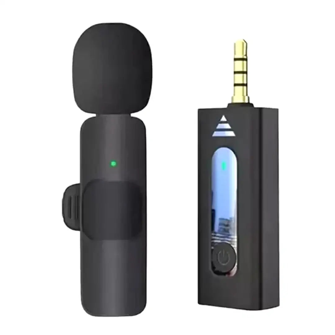 Black wireless microphone with receiver on a white background