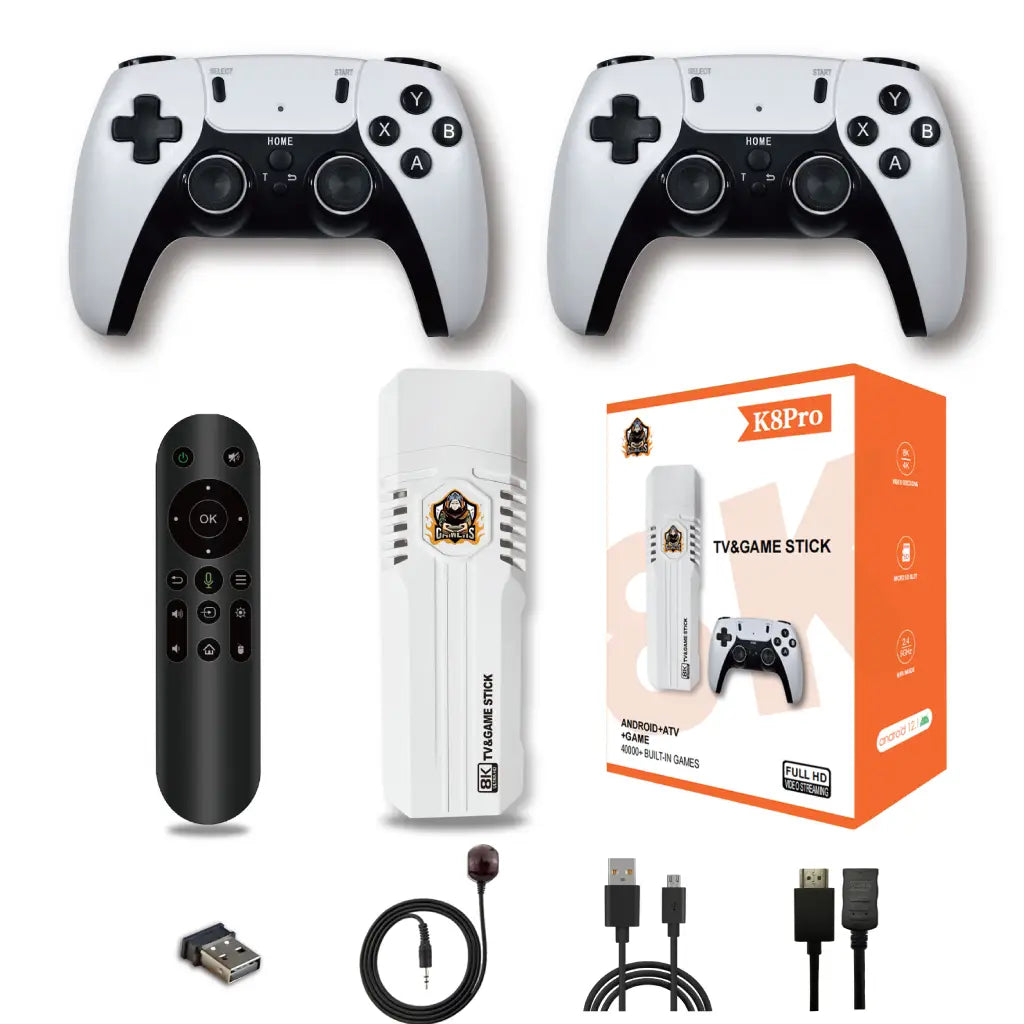 Gaming console components including controllers, TV/Game Stick, and accessories on a white background
