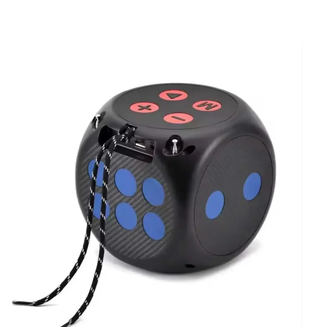 Black dice-shaped device with buttons and a lanyard on a white background