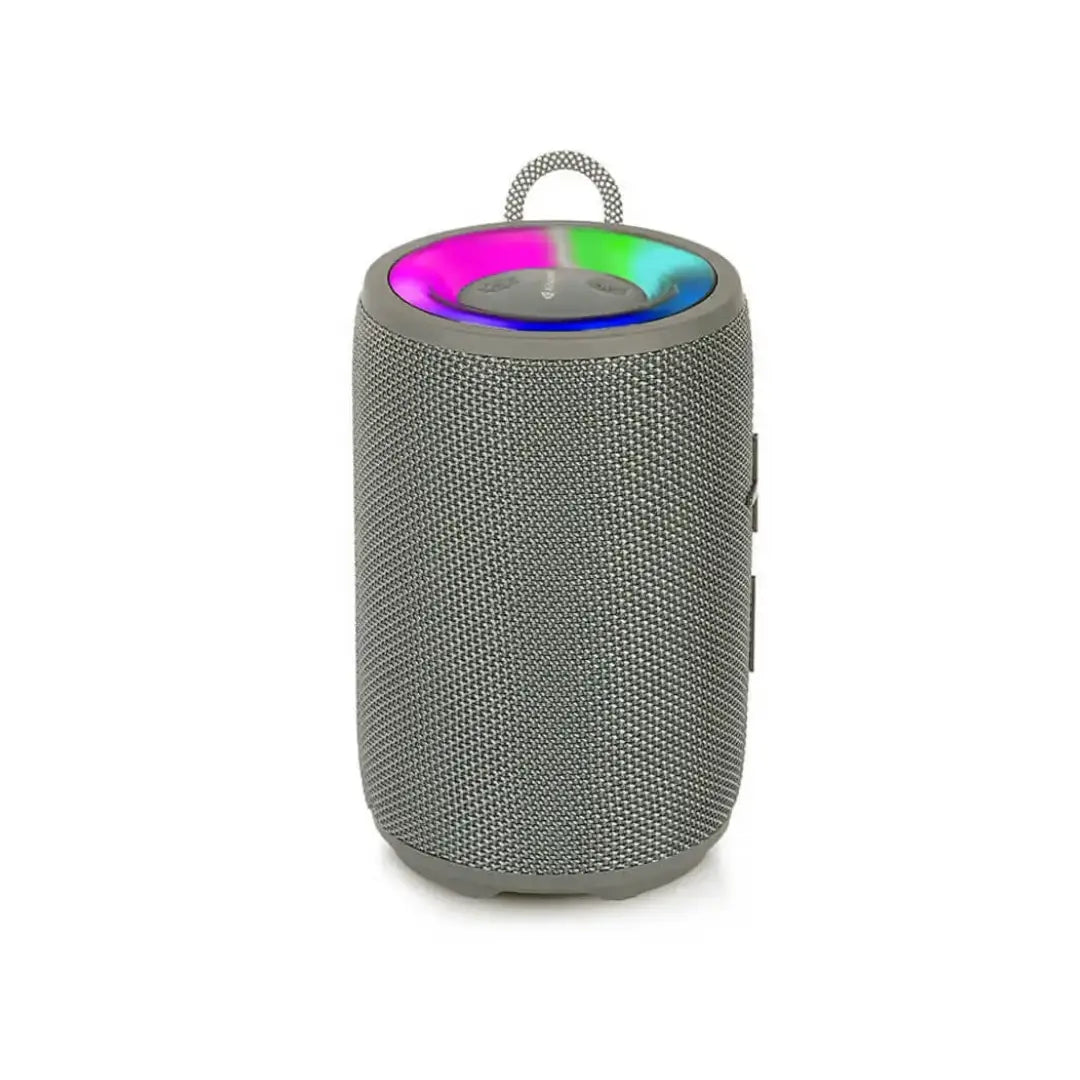 Gray textured portable speaker with colorful LED lights on a white background