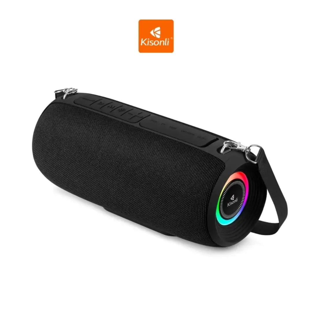 Black portable speaker with colorful LED ring and Kisonli logo on a white background