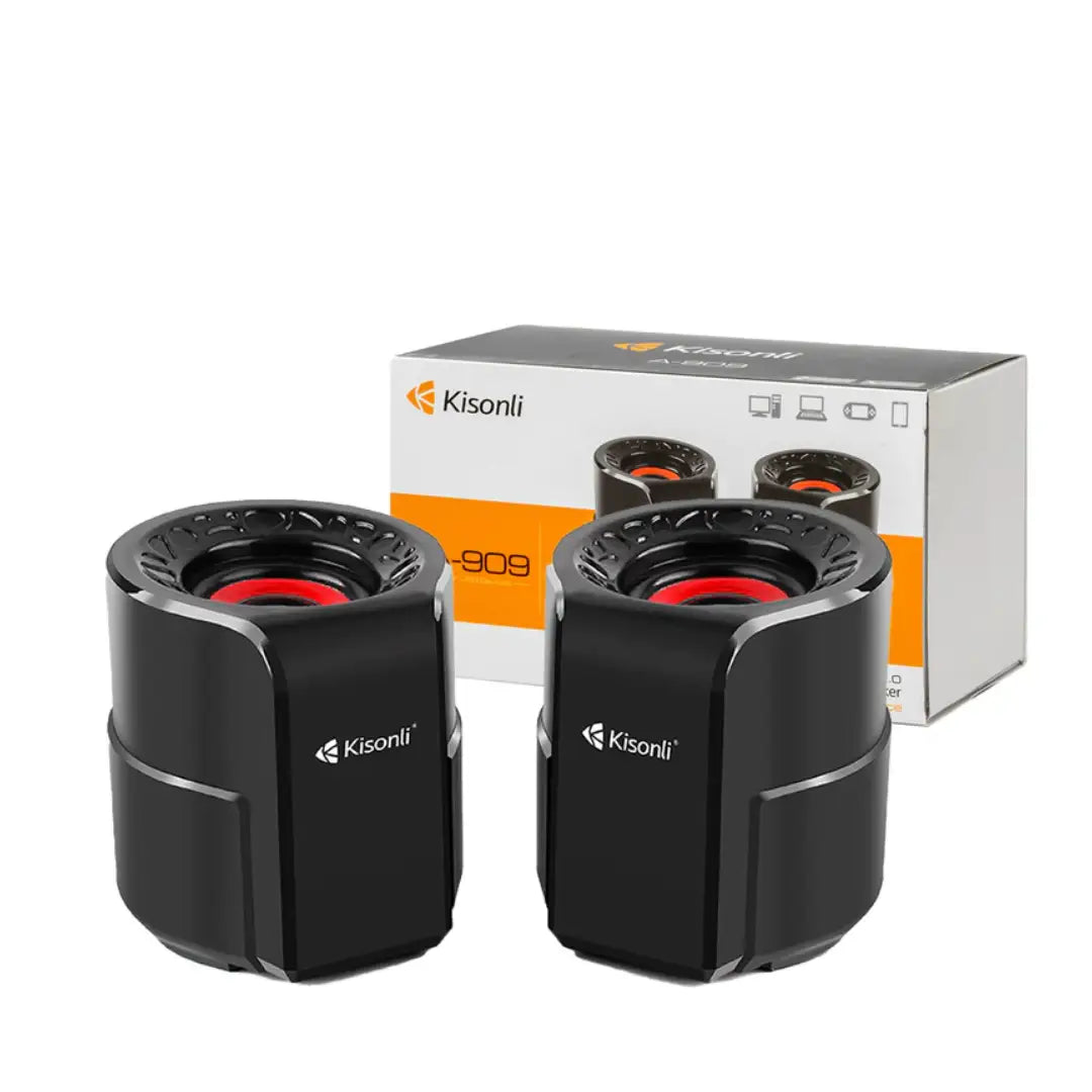 Black Kisonli speakers with red interior and packaging on a white background