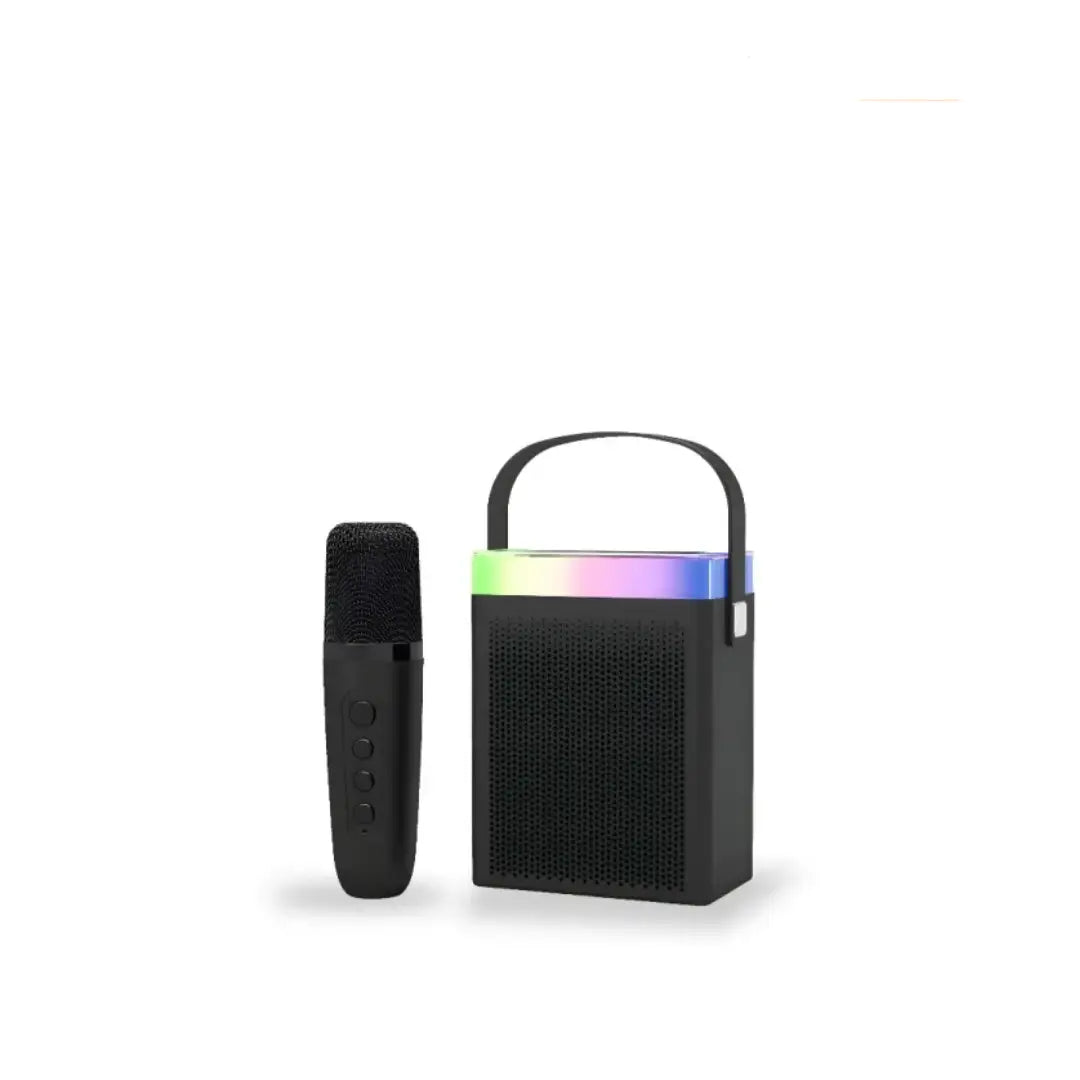 Black portable speaker with a microphone on a white background