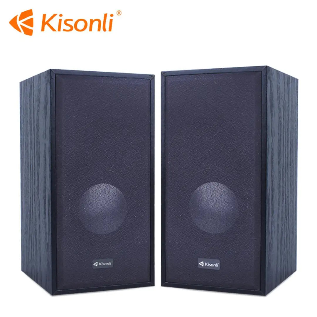 Pair of black speakers with Kisonli logo on a white background