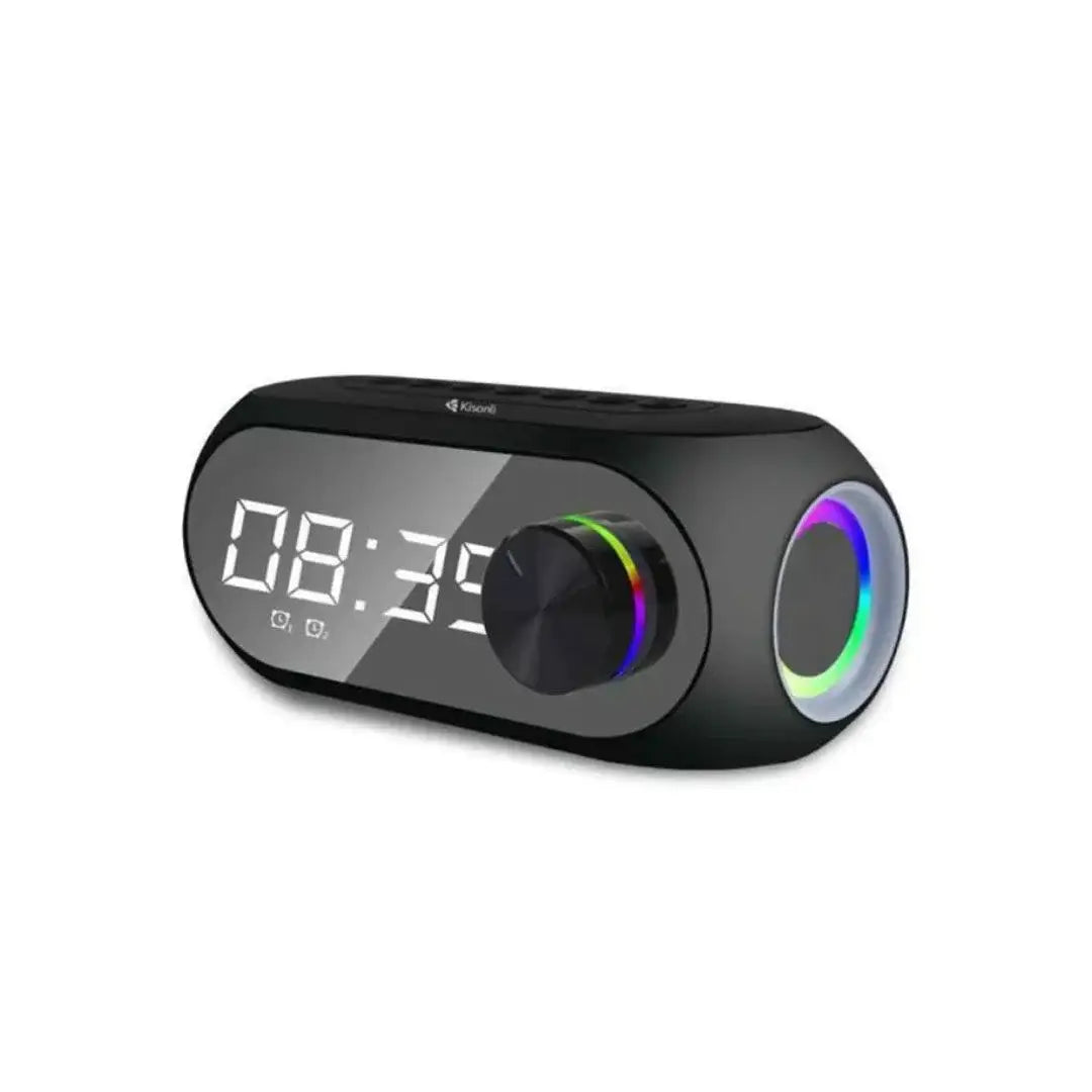 Black digital clock with colorful display on a white background
