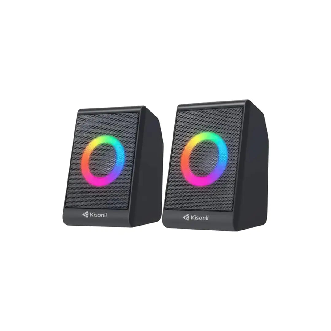 Pair of black speakers with RGB lighting on a white background