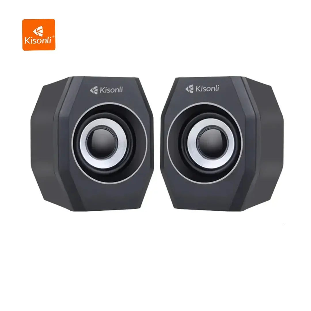 Two black speakers with Kisonli branding on a white background
