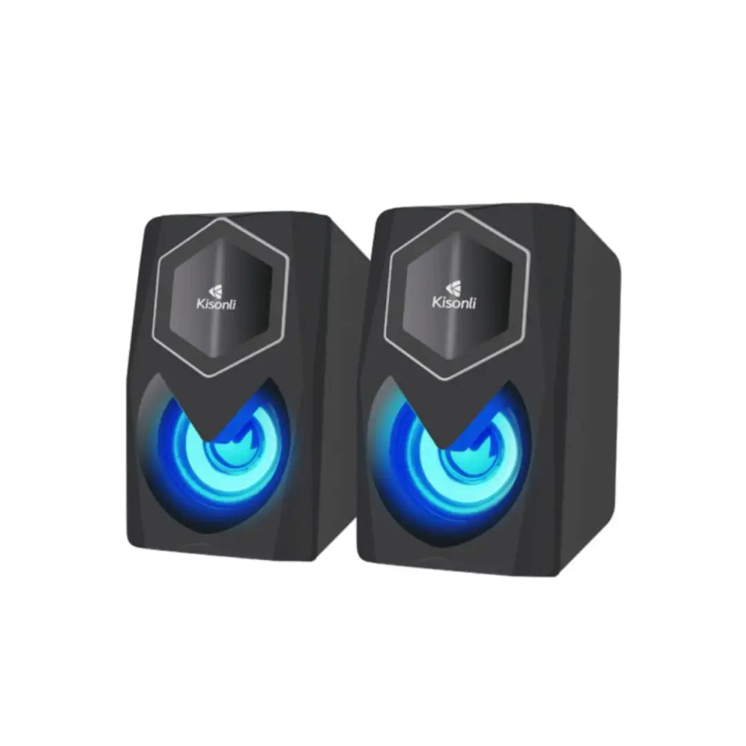 Pair of black speakers with blue lighting on a white background