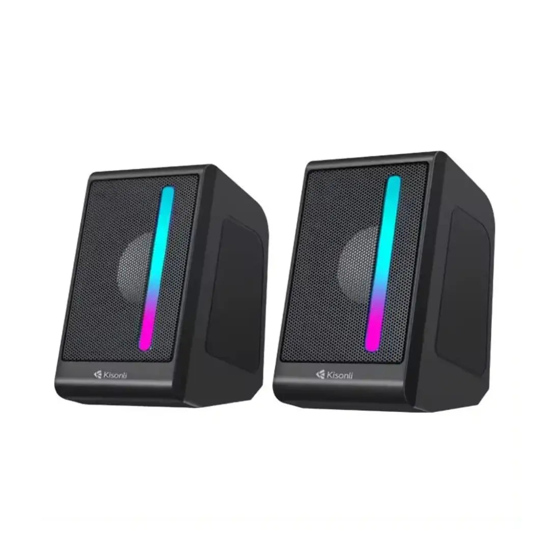 Pair of black speakers with RGB lighting on a white background