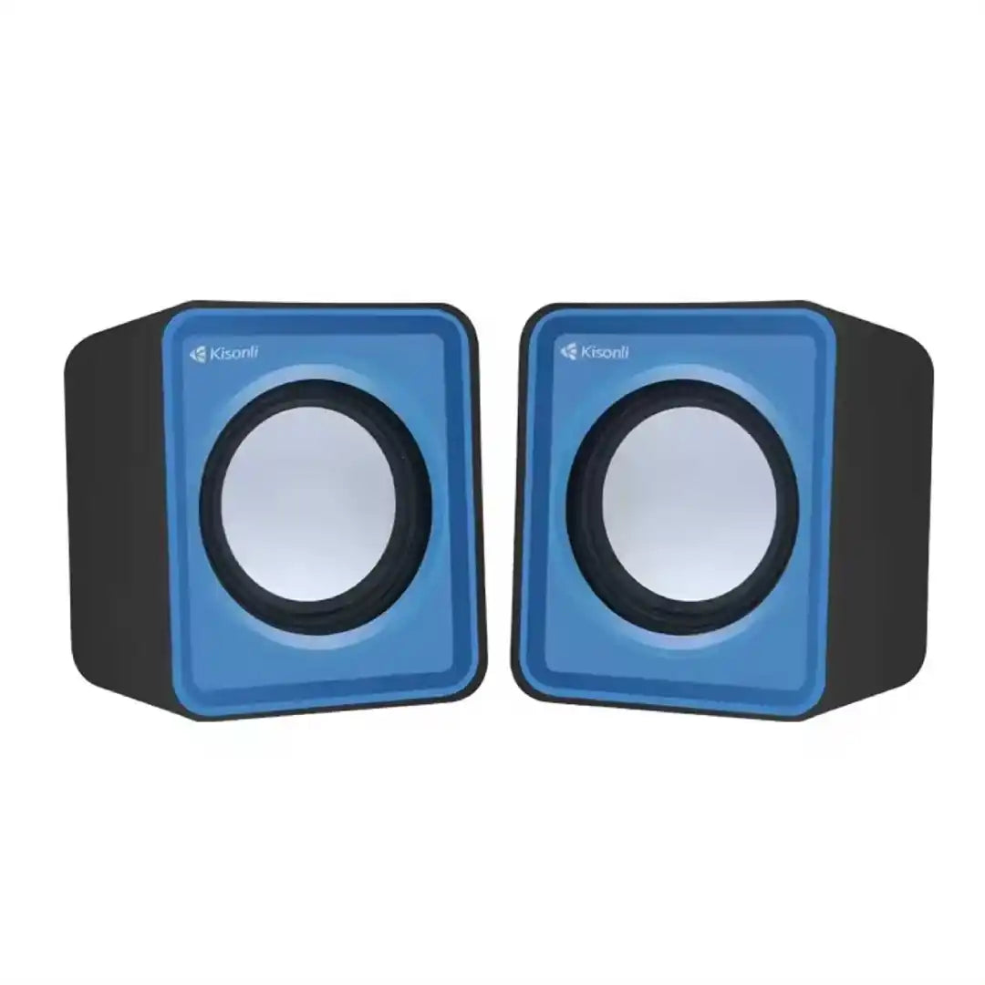 Pair of blue computer speakers on a white background