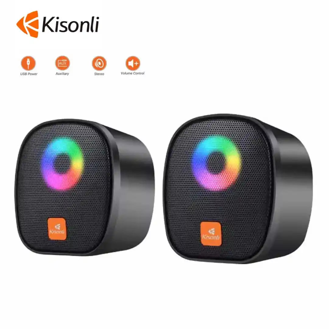Two black RGB speakers with Kisonli branding on a white background