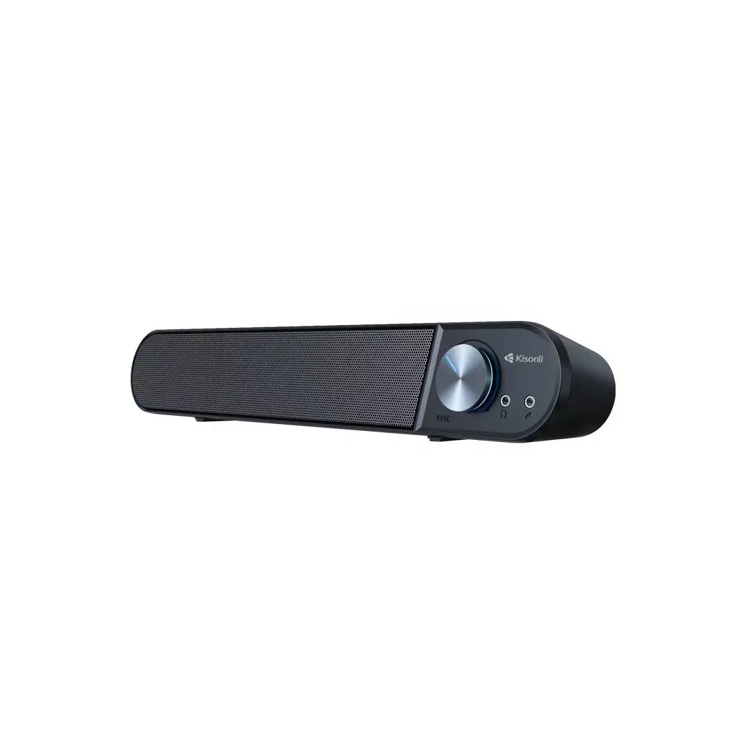Black soundbar with a silver knob on a white background