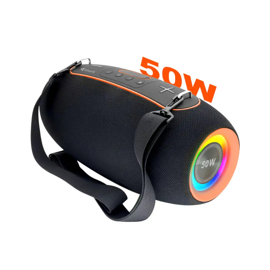 Black portable speaker with RGB lighting and '50W' text on a white background