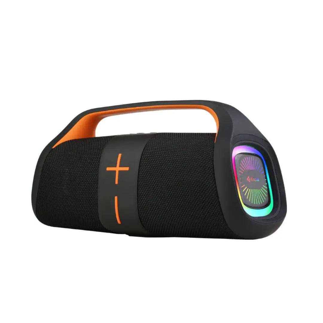 Black and orange portable speaker with colorful LED lights on a white background