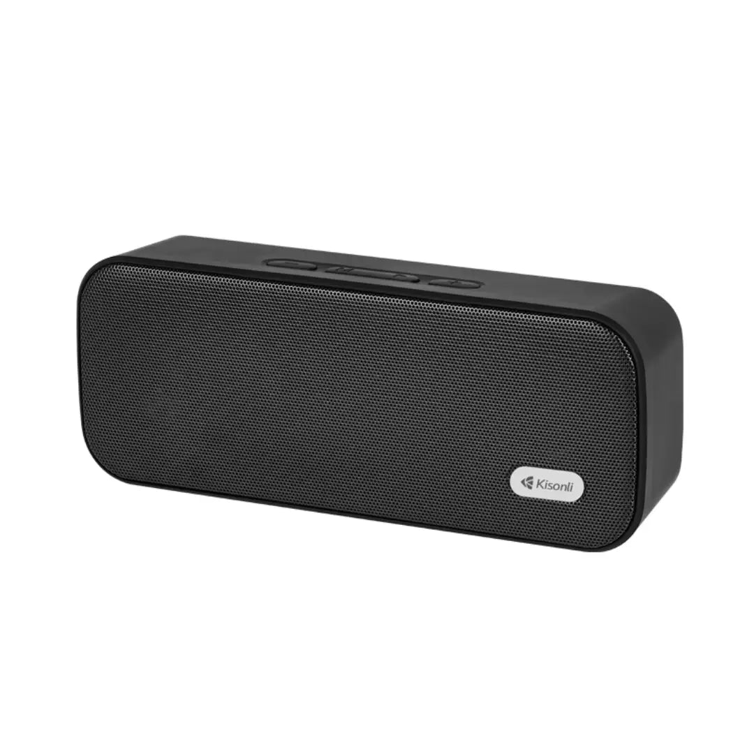 Black rectangular speaker with brand logo on a white background