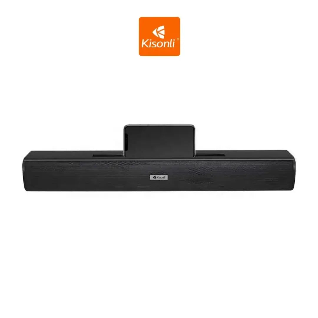 Black soundbar with Kisonli logo on a white background