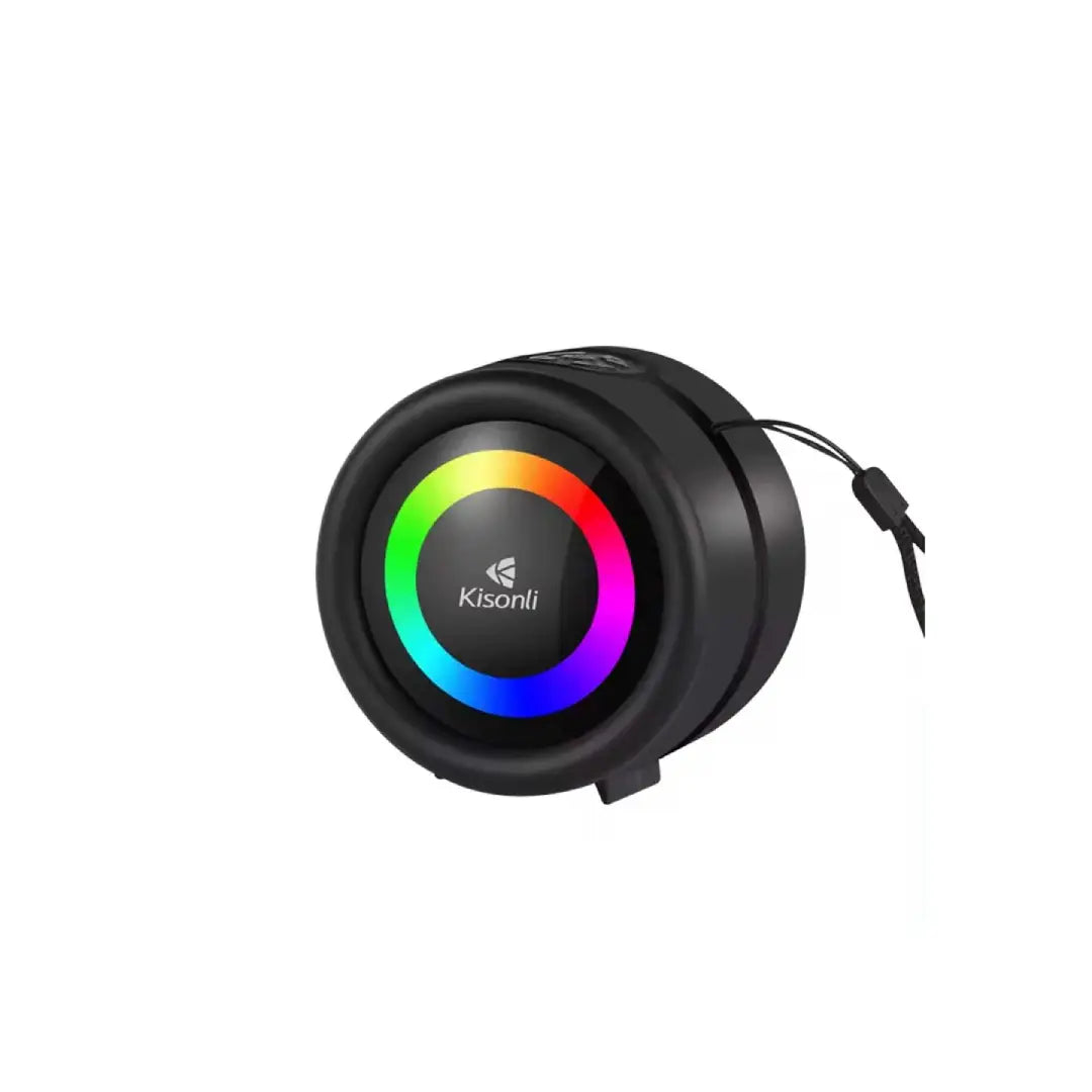 Black LED light with colorful ring and 'Kisonli' branding on a white background