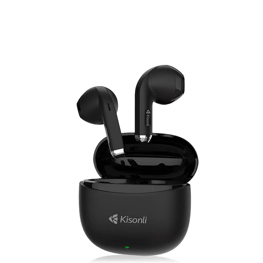 Black wireless earbuds with charging case on a white background, featuring the Kisonli brand.
