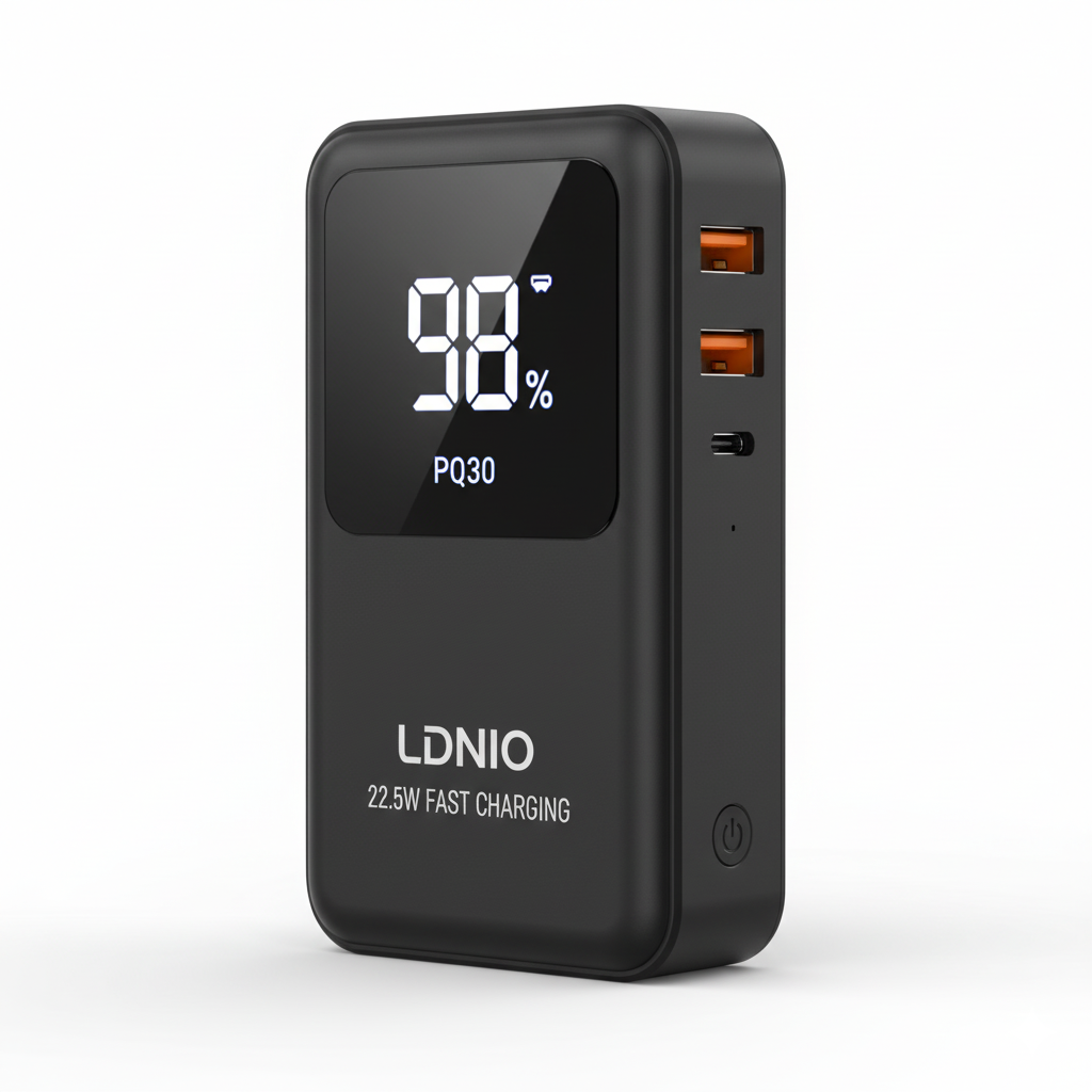 LDNIO 30000mAh 22.5W Power Bank PQ30, black portable charger with digital display showing 98%, angled front view, dual USB-A and USB-C ports.