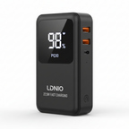 LDNIO 30000mAh 22.5W Power Bank PQ30, black portable charger with digital display showing 98%, angled front view, dual USB-A and USB-C ports.