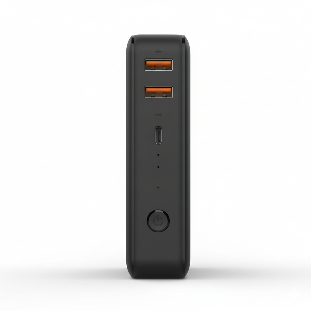 LDNIO PQ20 20000mAh power bank, top-down view showing dual orange USB-A ports, USB-C input, and power button, black 22.5W fast charger.