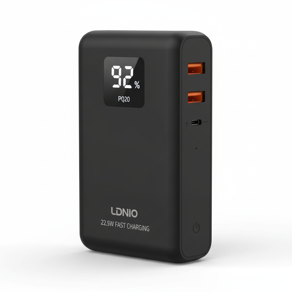 LDNIO PQ20 20000mAh black power bank, 22.5W fast charging portable charger, showing 92% battery on digital display, angled front view with orange USB ports.