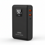 LDNIO PQ20 20000mAh black power bank, 22.5W fast charging portable charger, showing 92% battery on digital display, angled front view with orange USB ports.