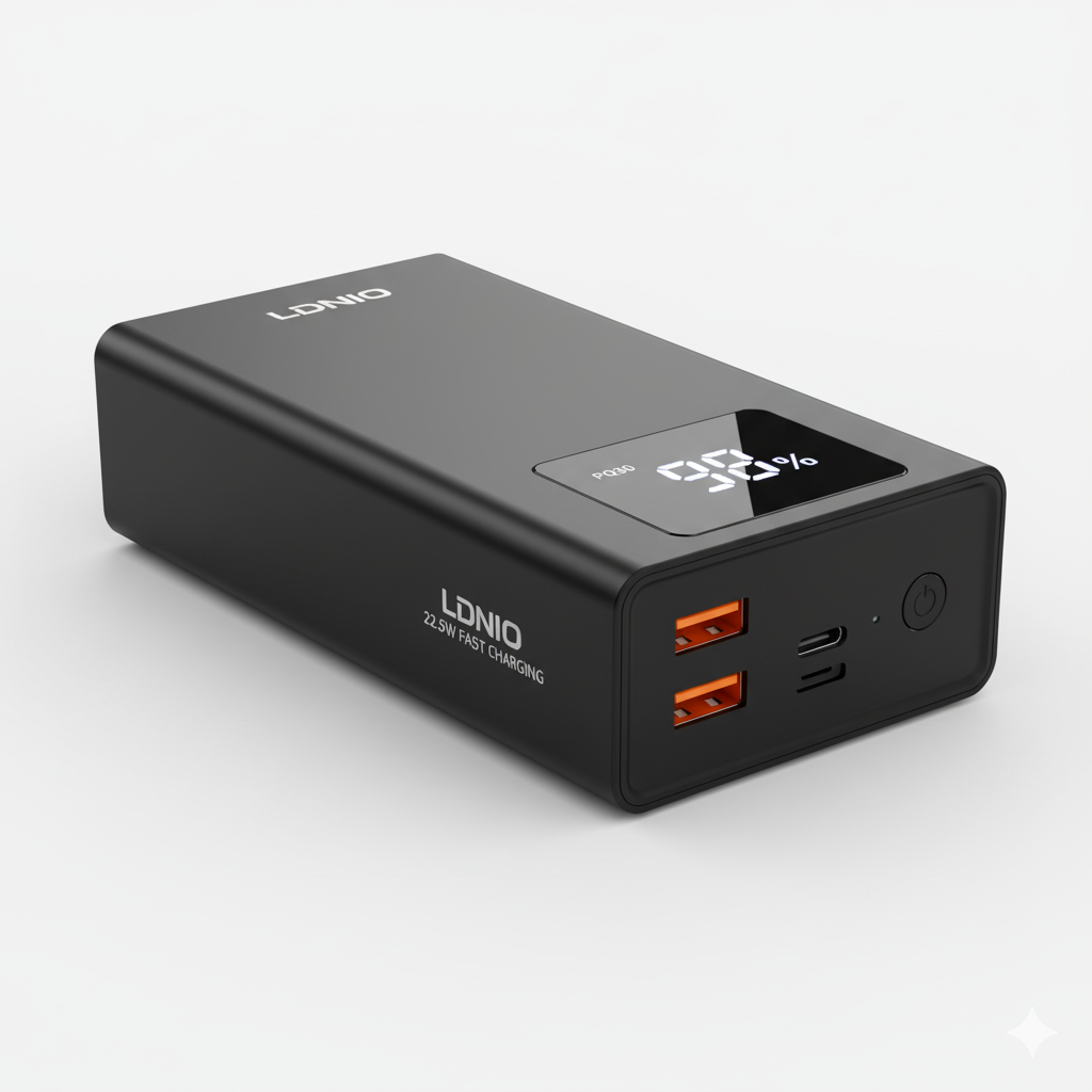 LDNIO PQ30 30000mAh power bank with digital LED display, dual USB fast charging ports, and Type-C input/output, shown in black compact design.