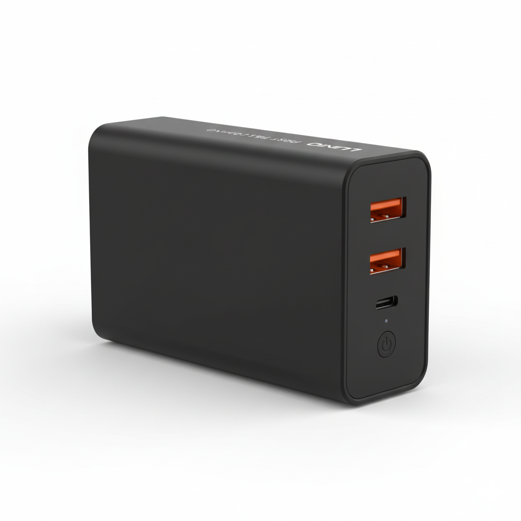 LDNIO PQ20 20000mAh power bank with dual USB-A ports and Type-C input/output, 22.5W fast charging, black compact design.