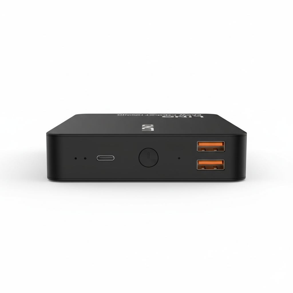 LDNIO 30000mAh 22.5W Power Bank PQ30, top view showing USB-C input, power button, and two orange USB-A output ports, black high-capacity portable charger.