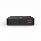 LDNIO 30000mAh 22.5W Power Bank PQ30, top view showing USB-C input, power button, and two orange USB-A output ports, black high-capacity portable charger.