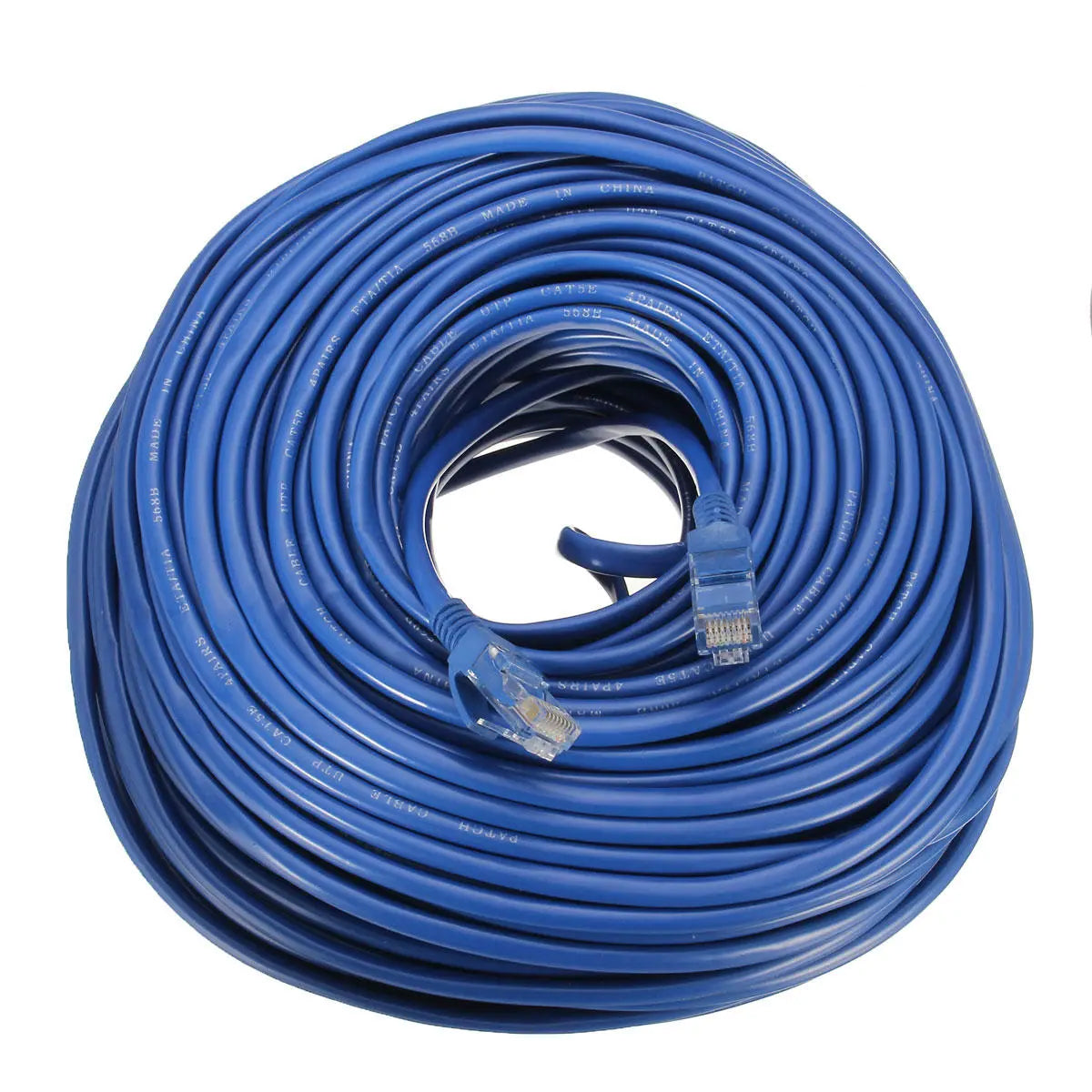Coiled blue Ethernet cable on a white background