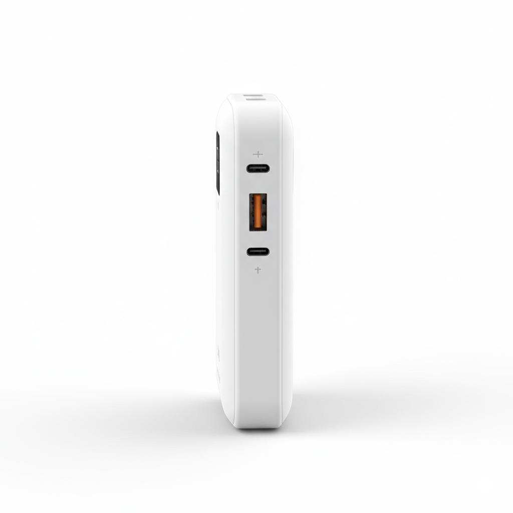 Ldnio PQ19 power bank side view, 10000mAh portable charger, 22.5W fast charging, white power bank with USB-A and USB-C ports.