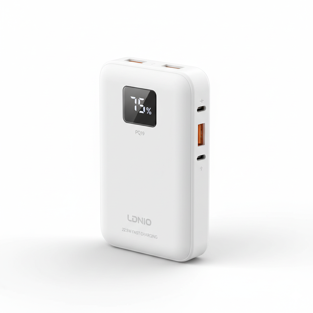 Ldnio PQ19 10000mAh Power Bank white, 22.5W fast charging power bank, portable phone charger with digital display showing 75% battery, angled view.