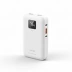 Ldnio PQ19 10000mAh Power Bank white, 22.5W fast charging power bank, portable phone charger with digital display showing 75% battery, angled view.