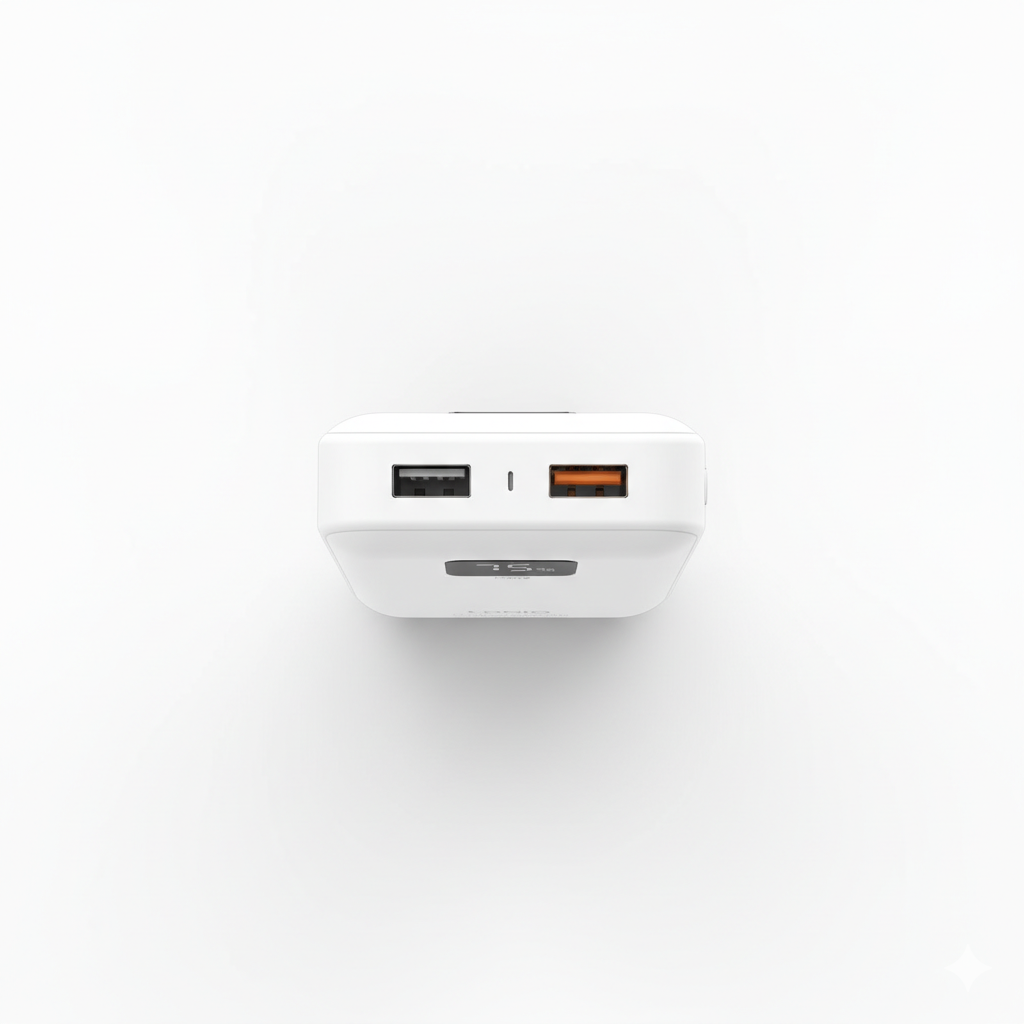 Ldnio PQ19 10000mAh 22.5W power bank top view, white portable charger with dual USB ports (USB-A, USB-C), fast charging solution.