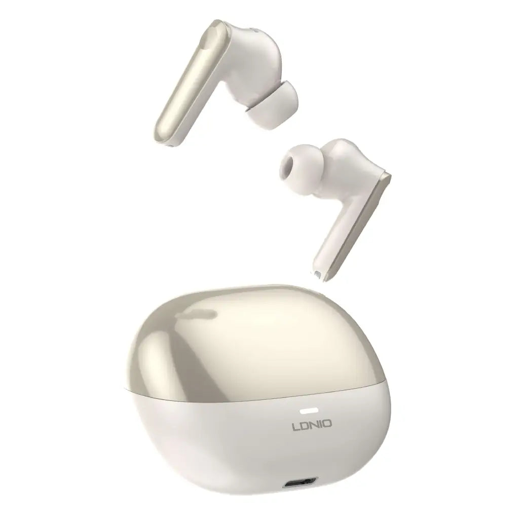 Wireless earbuds with charging case on a white background, featuring the brand 'LONIO'.