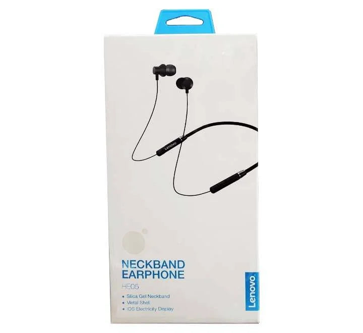 Neckband earphone packaging with Lenovo branding on a white background