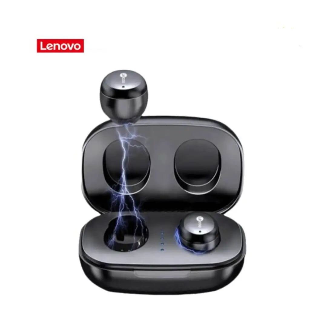 Lenovo wireless earbuds in charging case on a white background