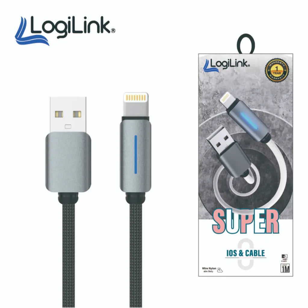 LOGILINK USB TO LIGHTNING NYLON FAST CHARGING DATA CABLE 1M 1 YEAR WARRANTY BLACK White GREY Blue