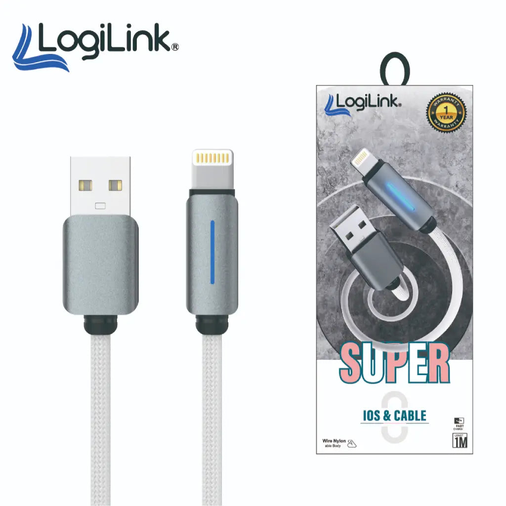 LogiLink USB cable with Lightning connector and packaging on a white background
