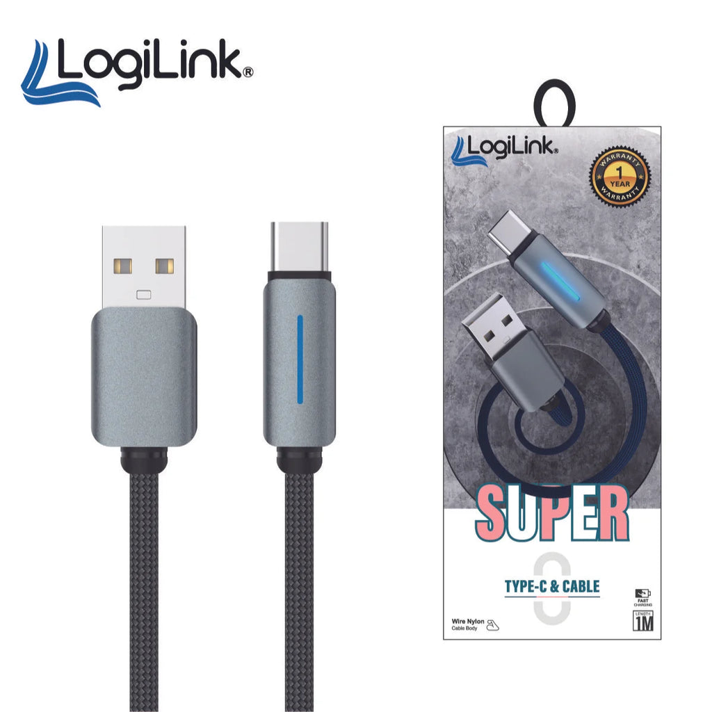 Logilink Usb To Type C Nylon Fast Charging Data Cable With Light 1m (1 Year Warranty) Grey