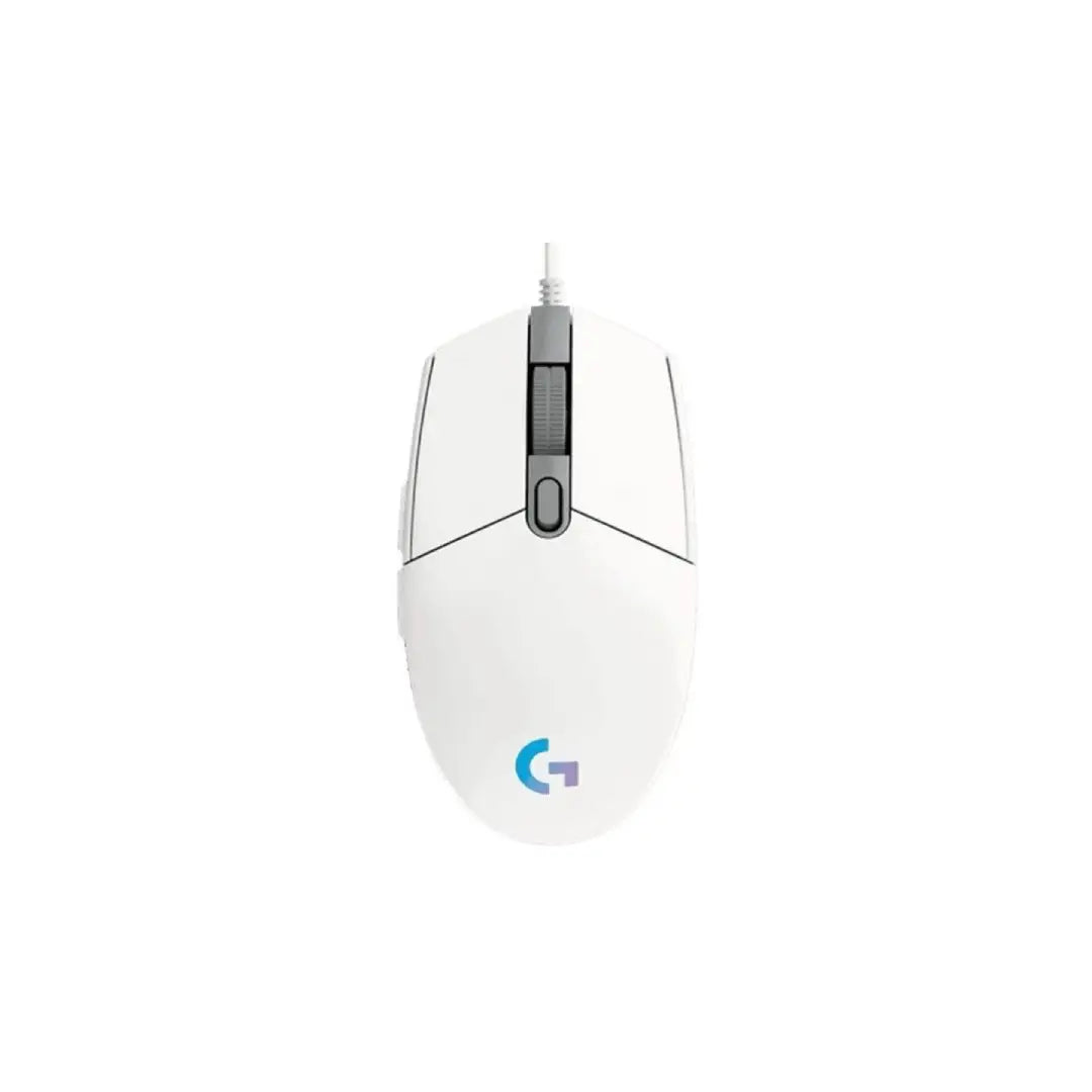White gaming mouse with a logo on a white background