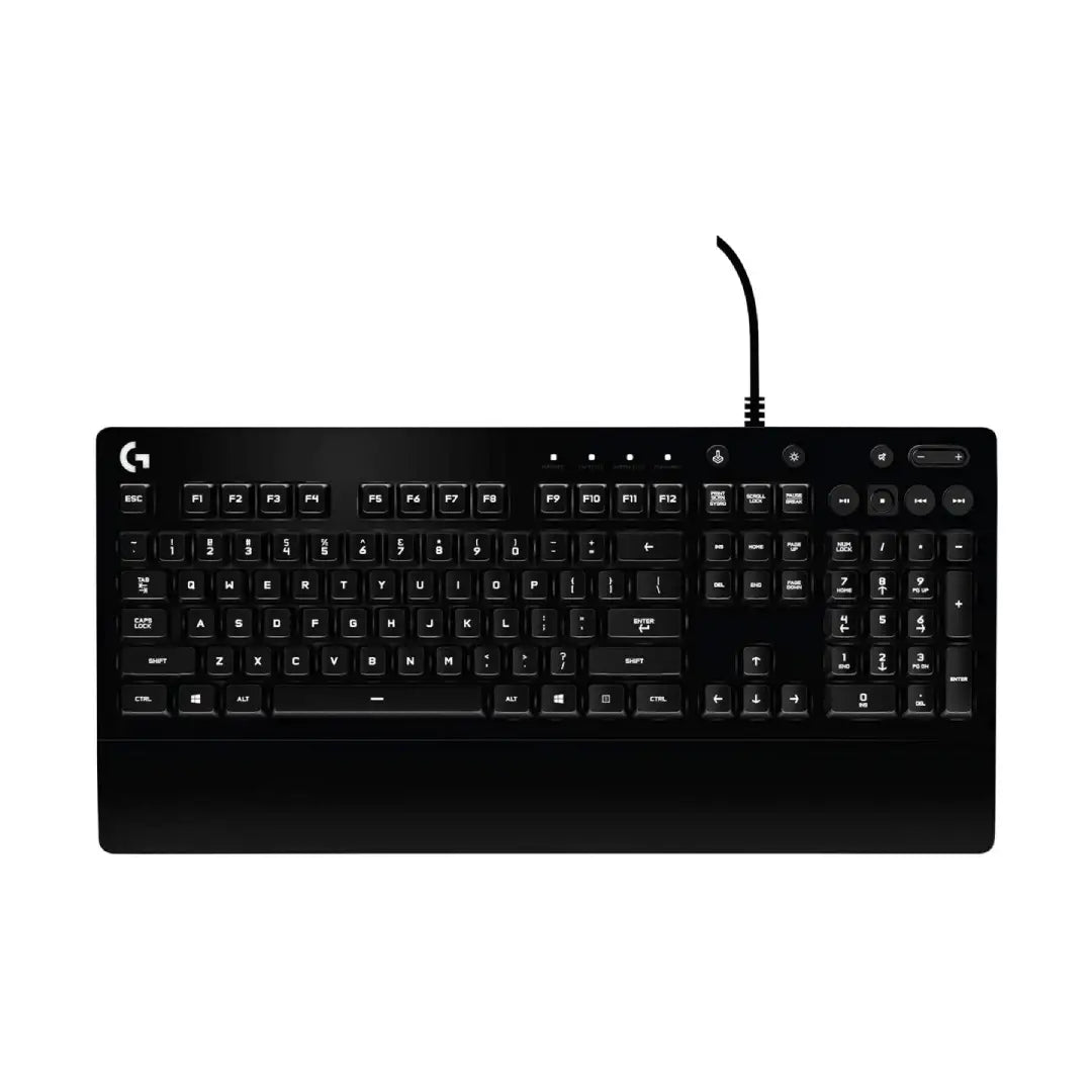 Black keyboard with visible Logitech logo on a white background
