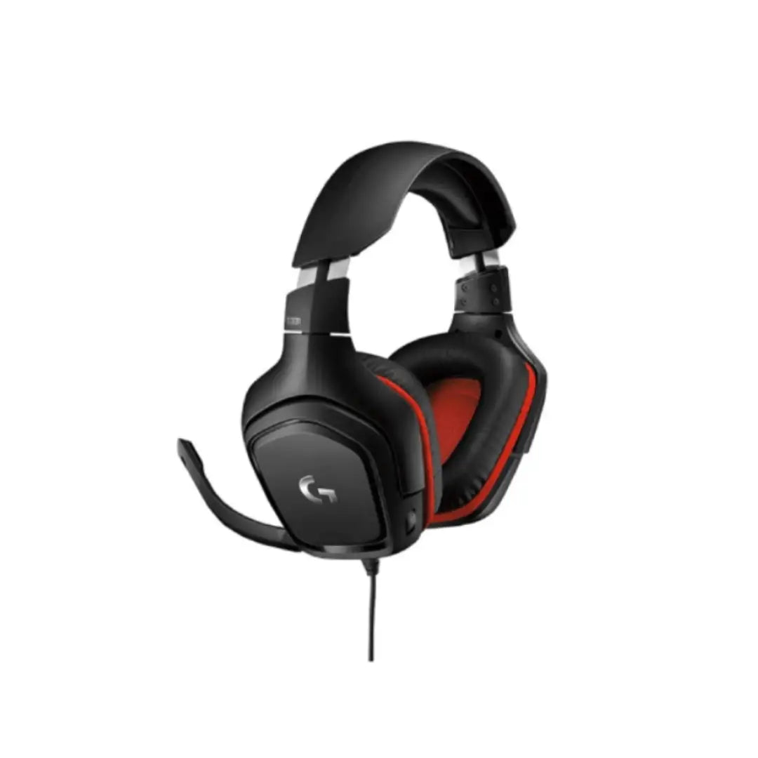 Black gaming headset with red accents on a white background