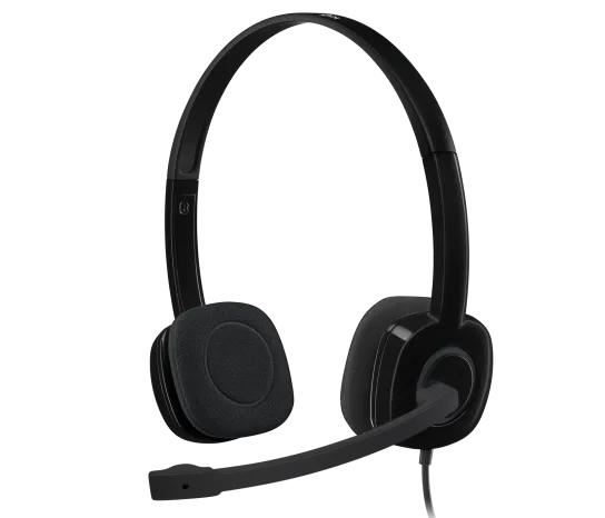 Black headset with microphone on a white background